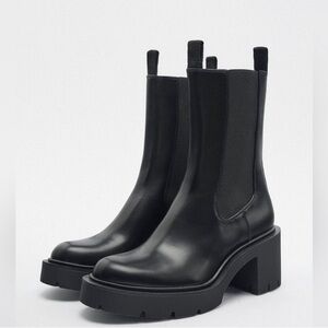 Zara Black Chunky Chelsea Mid Calf Boots Size 9 New Without Tags